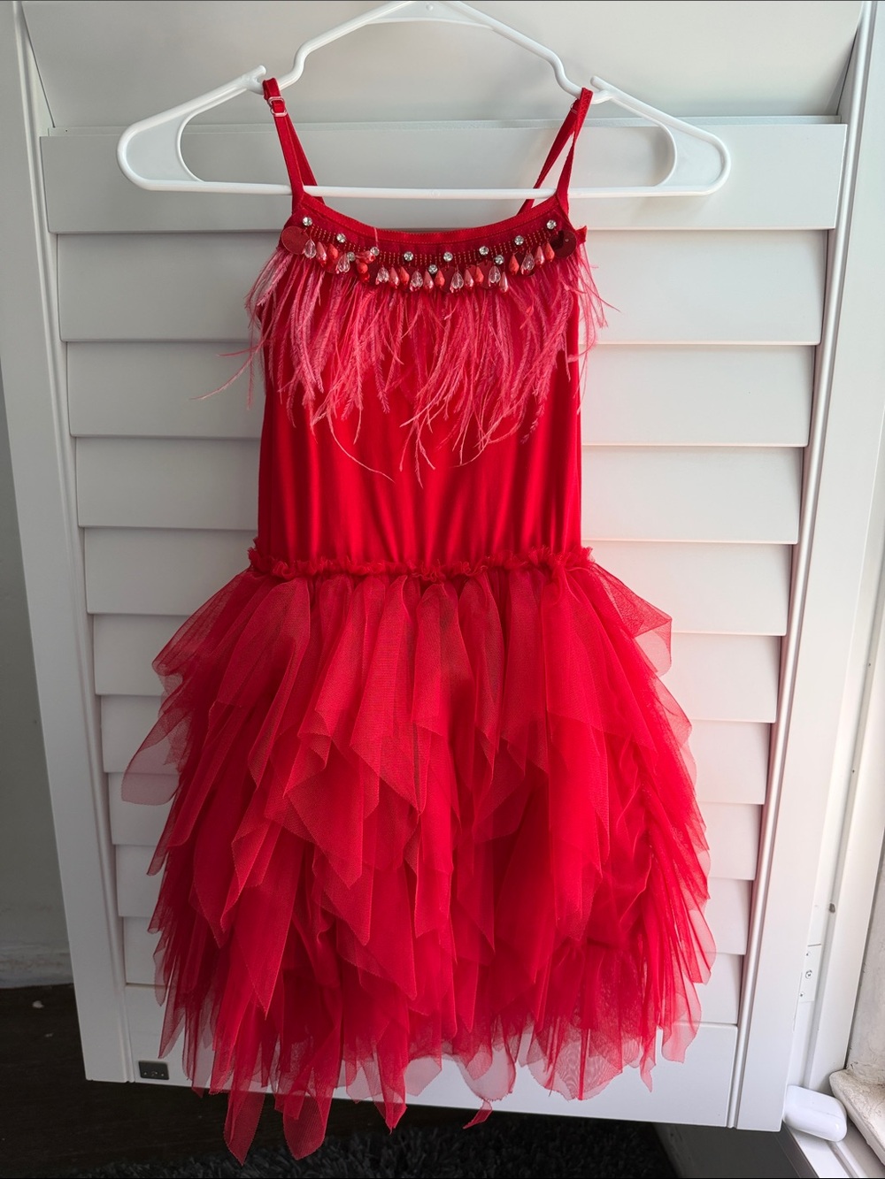 Girls Red Feather & Tulle Party Costume Dress size 6-7